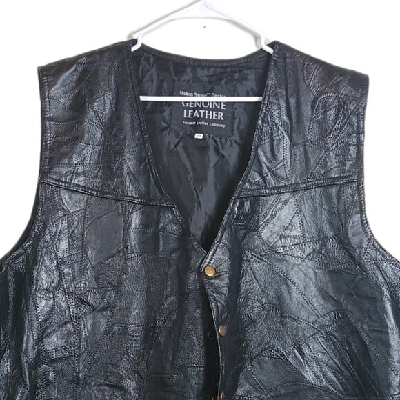 Navarre Leather Vest Mens 3XL Black Patchwork Stitch Biker Cowboy Moto 80s Rock - Picture 2 of 5